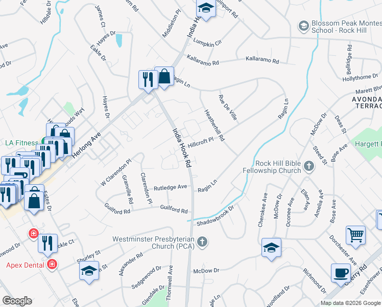 map of restaurants, bars, coffee shops, grocery stores, and more near 1638 India Hook Road in Rock Hill