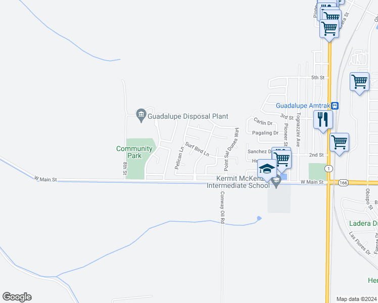 map of restaurants, bars, coffee shops, grocery stores, and more near 142 Pelican Lane in Guadalupe
