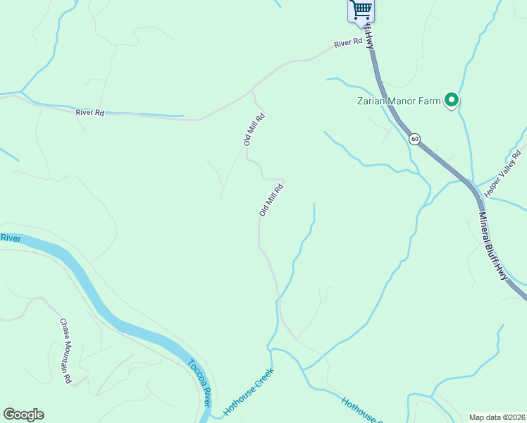 map of restaurants, bars, coffee shops, grocery stores, and more near 619 Old Mill Road in Mineral Bluff