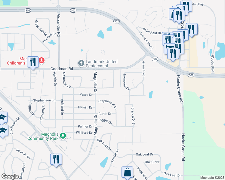 map of restaurants, bars, coffee shops, grocery stores, and more near 10417 Amanda Drive in Olive Branch