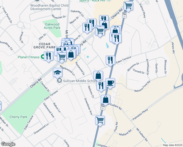 map of restaurants, bars, coffee shops, grocery stores, and more near Eden Terrace in Rock Hill