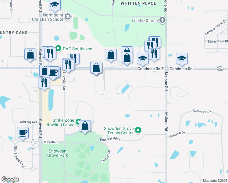 map of restaurants, bars, coffee shops, grocery stores, and more near 6851 Tanner's Way Cove in Southaven