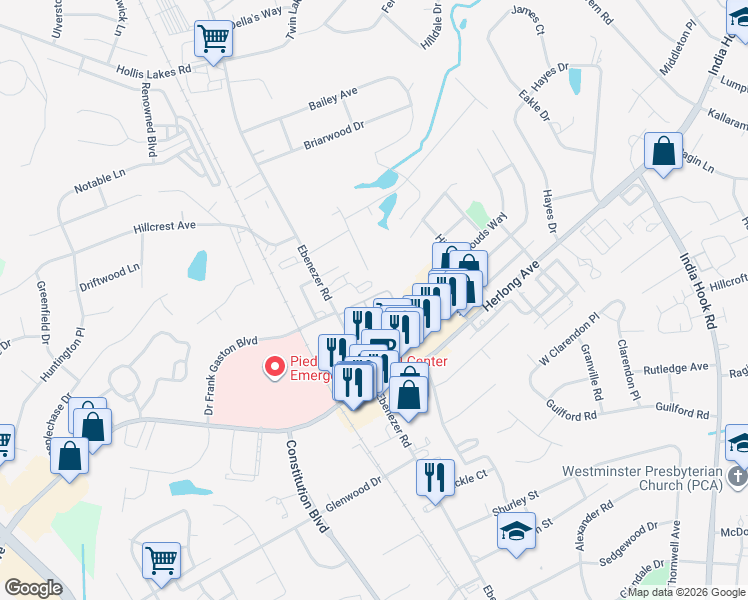 map of restaurants, bars, coffee shops, grocery stores, and more near 250 Pointe Circle in Rock Hill
