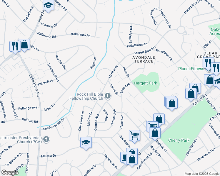 map of restaurants, bars, coffee shops, grocery stores, and more near 1364 Steed Street in Rock Hill