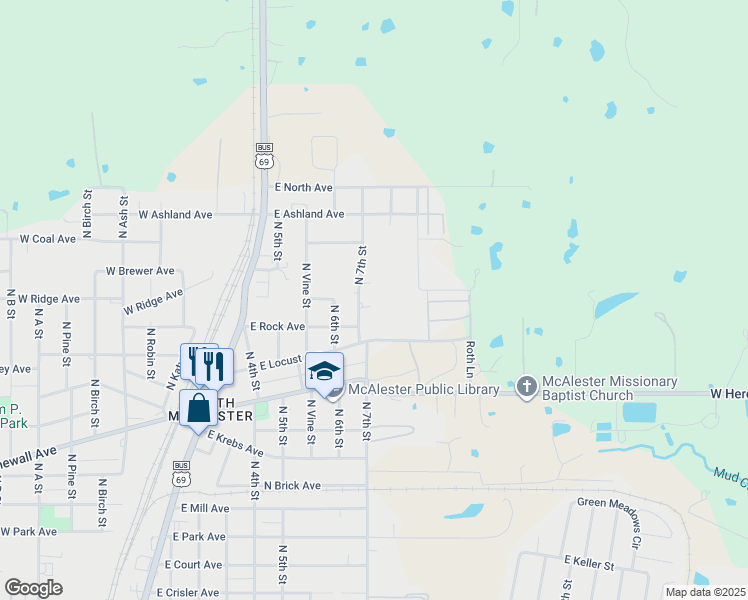 map of restaurants, bars, coffee shops, grocery stores, and more near 3000 North 7th Street in McAlester