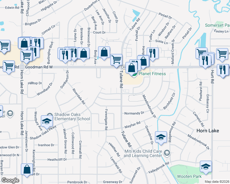 map of restaurants, bars, coffee shops, grocery stores, and more near 6791 Chase Cove in Horn Lake