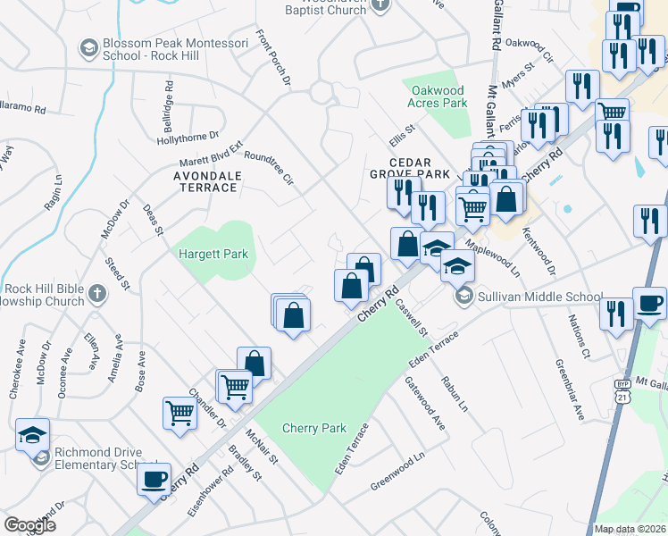 map of restaurants, bars, coffee shops, grocery stores, and more near 1684 Eagles Place in Rock Hill