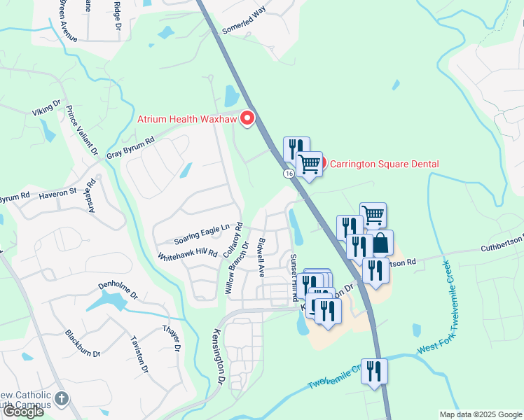 map of restaurants, bars, coffee shops, grocery stores, and more near 2900 Bidwell Avenue in Waxhaw