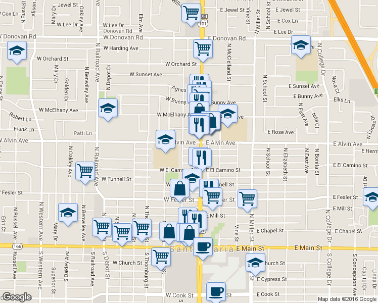map of restaurants, bars, coffee shops, grocery stores, and more near 121 West Hermosa Street in Santa Maria