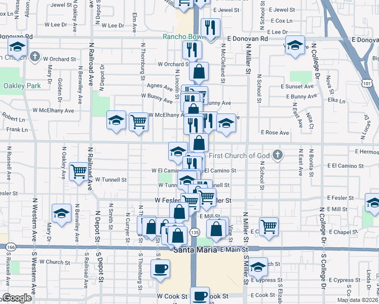 map of restaurants, bars, coffee shops, grocery stores, and more near 115 West Alvin Avenue in Santa Maria