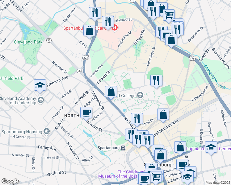 map of restaurants, bars, coffee shops, grocery stores, and more near 160 Evins Street in Spartanburg
