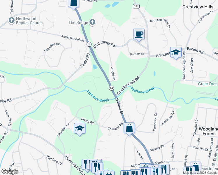 map of restaurants, bars, coffee shops, grocery stores, and more near 2007 South Carolina 14 in Greer