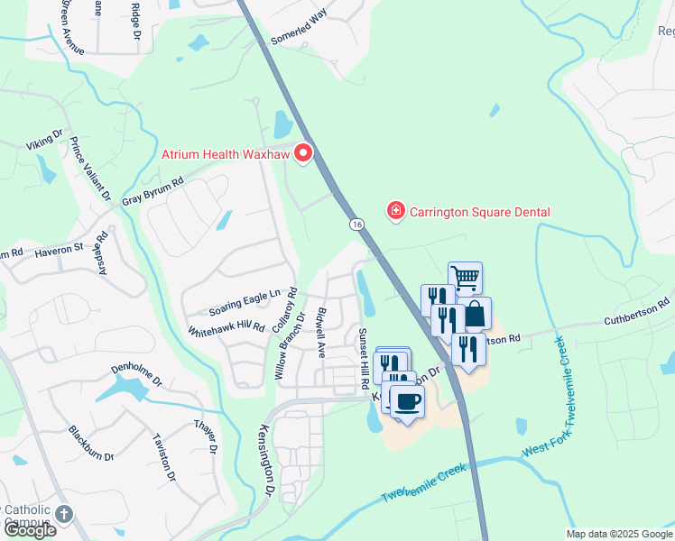 map of restaurants, bars, coffee shops, grocery stores, and more near 2900 Bidwell Avenue in Waxhaw