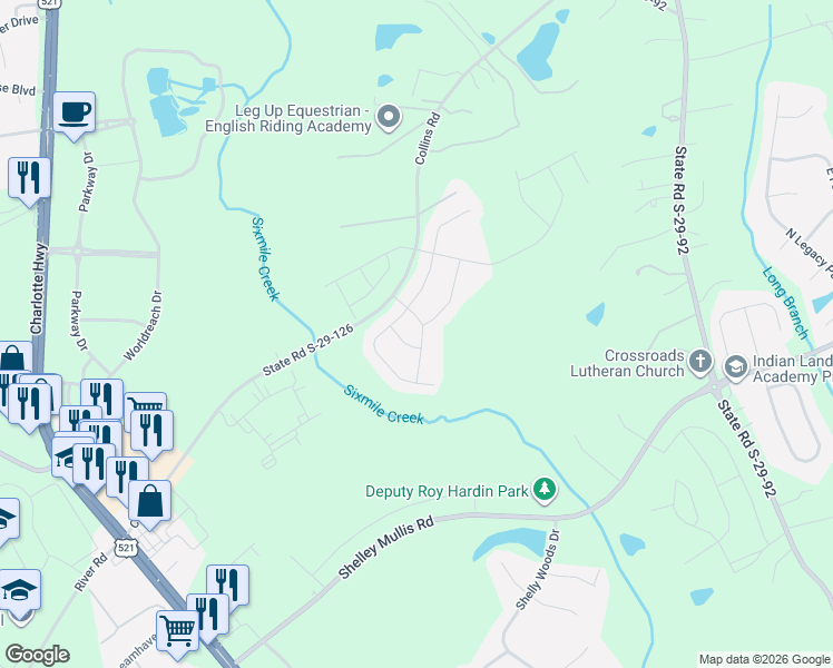 map of restaurants, bars, coffee shops, grocery stores, and more near 1004 Squire Drive in Indian Land