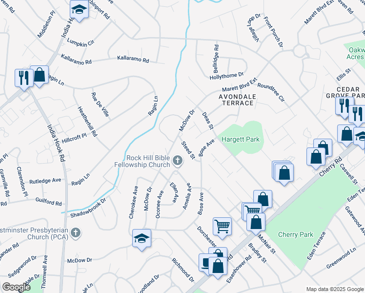 map of restaurants, bars, coffee shops, grocery stores, and more near 1364 Steed Street in Rock Hill