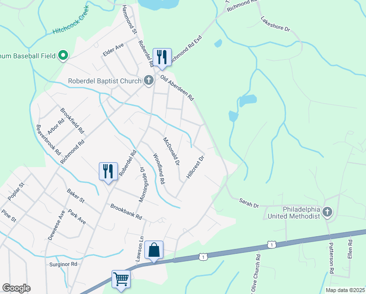 map of restaurants, bars, coffee shops, grocery stores, and more near 806 Aspen Lane in Rockingham