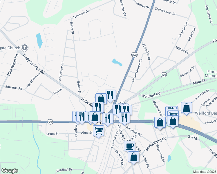 map of restaurants, bars, coffee shops, grocery stores, and more near 301 Inman Rd in Lyman