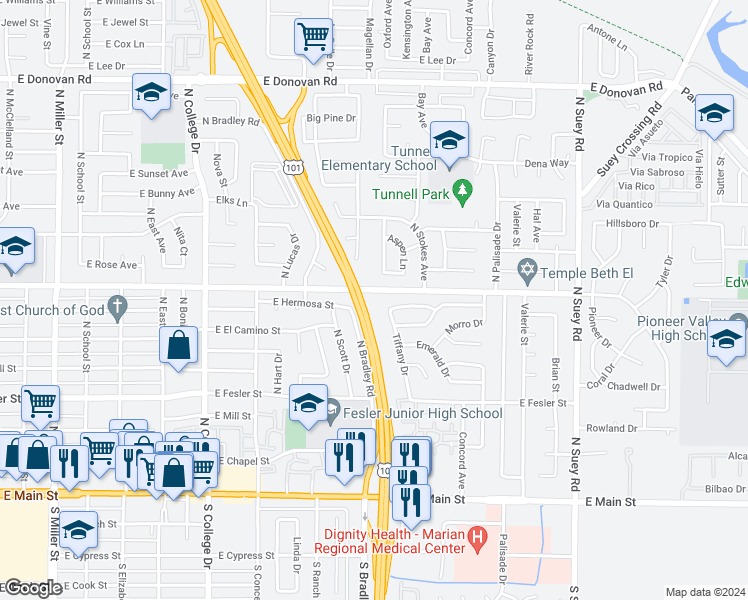 map of restaurants, bars, coffee shops, grocery stores, and more near 725 Tiffany Drive in Santa Maria