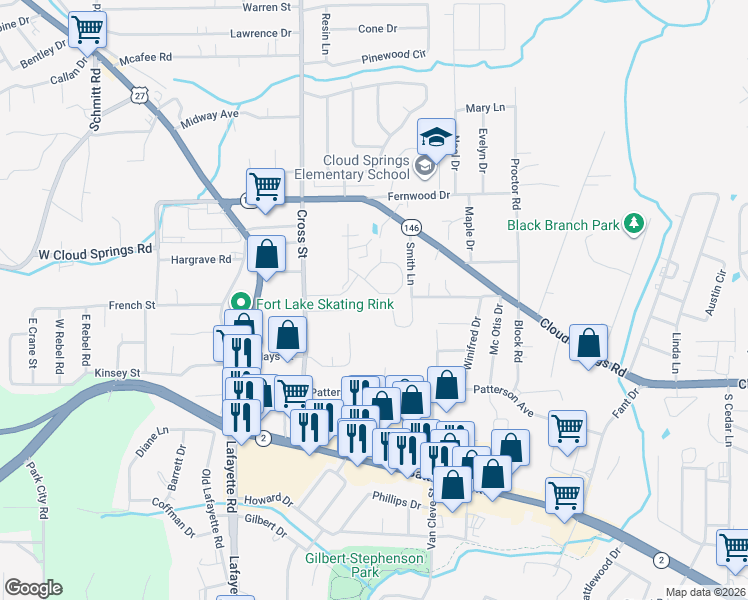 map of restaurants, bars, coffee shops, grocery stores, and more near 1338 Clearbrook Court in Fort Oglethorpe