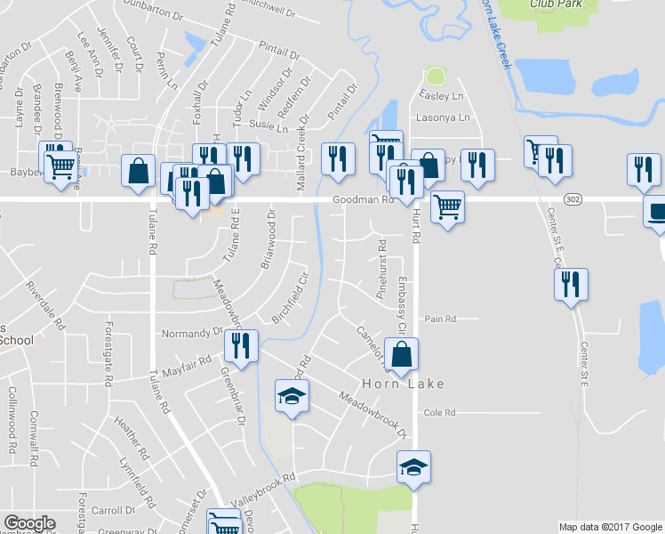 map of restaurants, bars, coffee shops, grocery stores, and more near 2725 Camelot Cove in Horn Lake