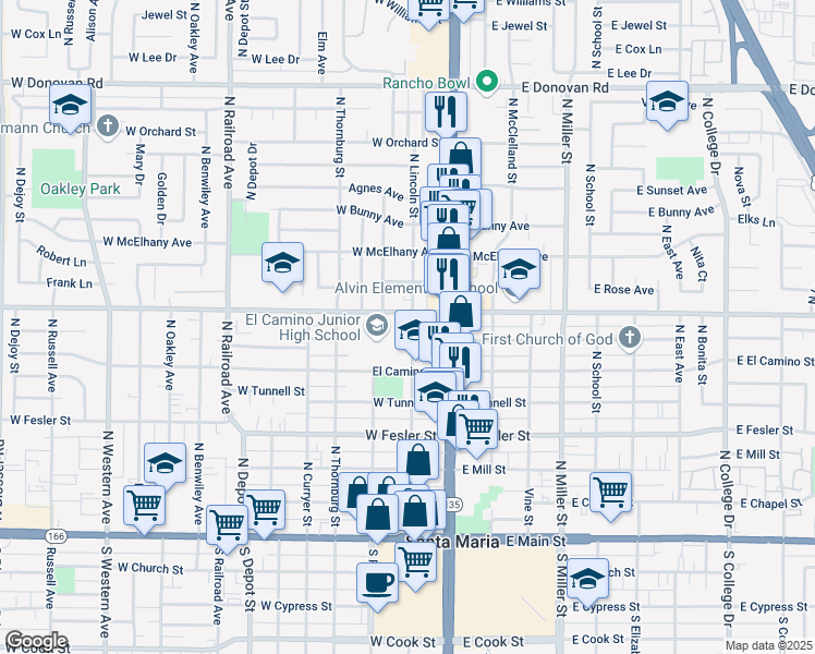 map of restaurants, bars, coffee shops, grocery stores, and more near 215 West Alvin Avenue in Santa Maria