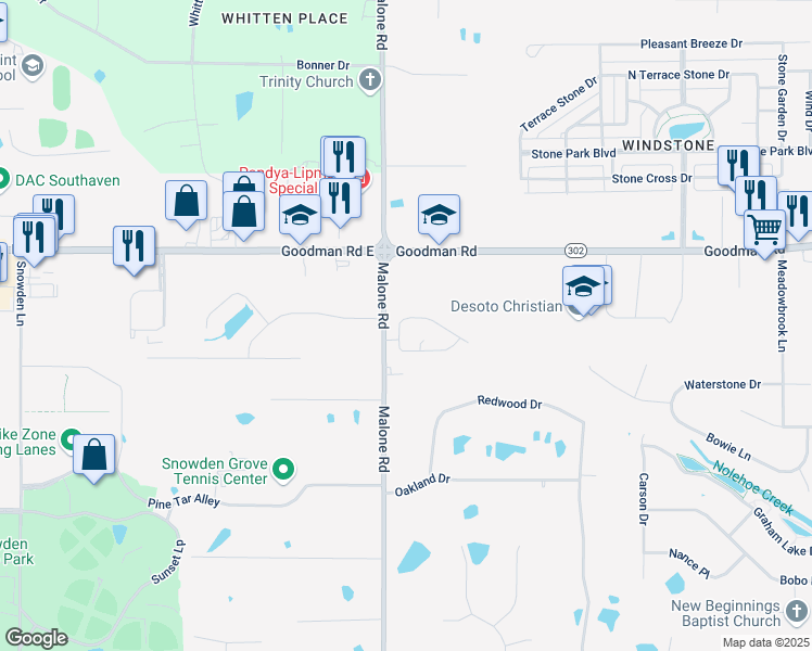 map of restaurants, bars, coffee shops, grocery stores, and more near 4080 Kayley Lane in Olive Branch