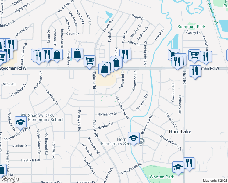 map of restaurants, bars, coffee shops, grocery stores, and more near 6939 Tulane Road East in Horn Lake