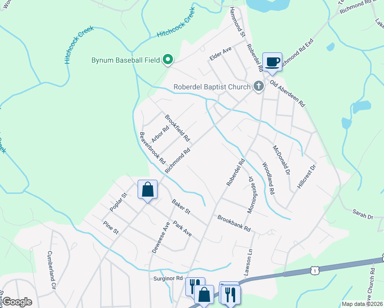 map of restaurants, bars, coffee shops, grocery stores, and more near 1012 Richmond Road in Rockingham