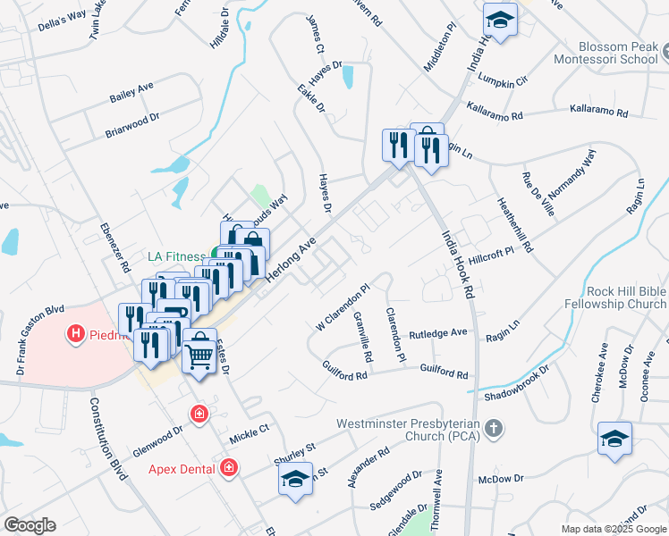 map of restaurants, bars, coffee shops, grocery stores, and more near 671 Melville Drive in Rock Hill