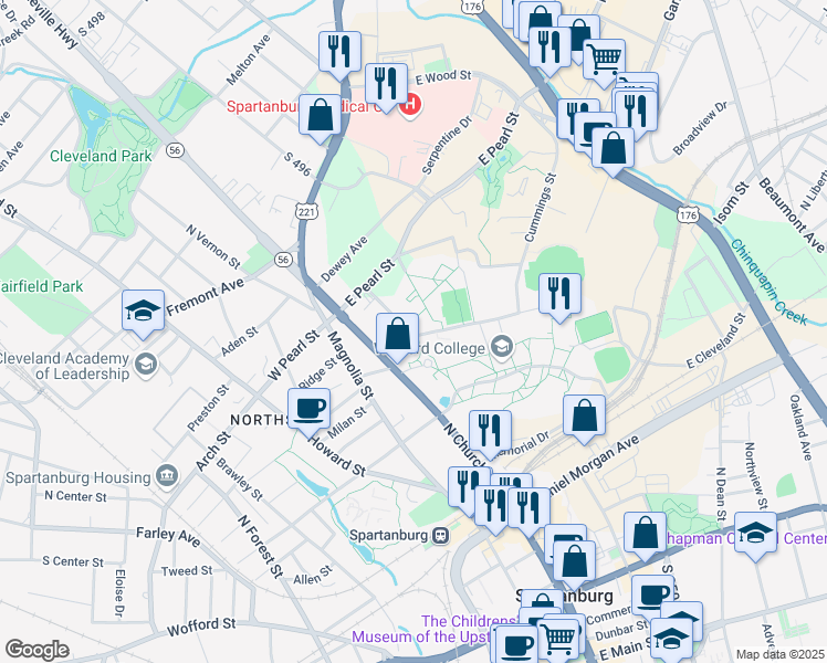 map of restaurants, bars, coffee shops, grocery stores, and more near 160 Evins Street in Spartanburg