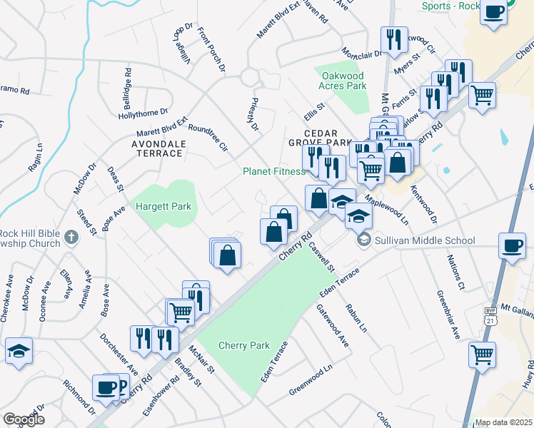 map of restaurants, bars, coffee shops, grocery stores, and more near 1712 Eagles Place in Rock Hill