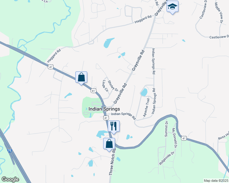map of restaurants, bars, coffee shops, grocery stores, and more near 75 Shirley Drive in Ringgold