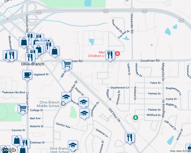 map of restaurants, bars, coffee shops, grocery stores, and more near 6857 Dogwood Manor West in Olive Branch