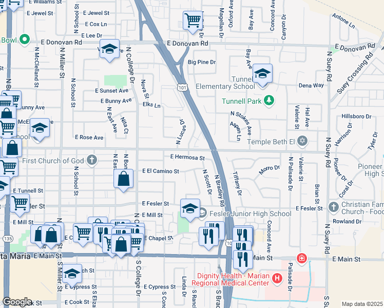 map of restaurants, bars, coffee shops, grocery stores, and more near 800 North Bradley Road in Santa Maria