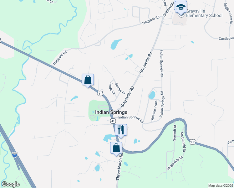 map of restaurants, bars, coffee shops, grocery stores, and more near 109 Judith Drive in Ringgold