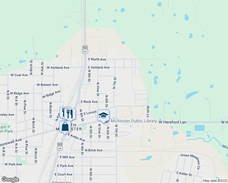 map of restaurants, bars, coffee shops, grocery stores, and more near 3110 North 7th Street in McAlester