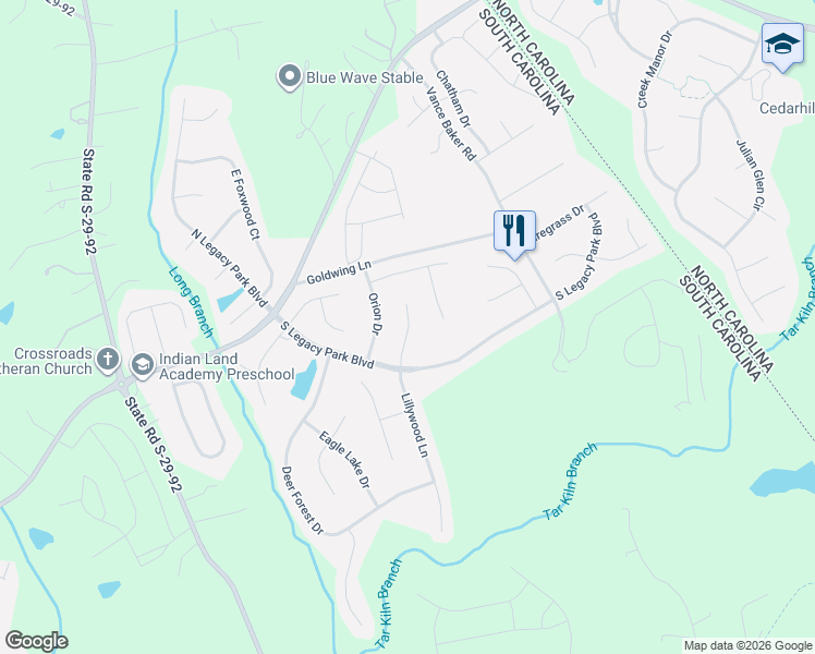 map of restaurants, bars, coffee shops, grocery stores, and more near 1664 Lillywood Lane in Indian Land
