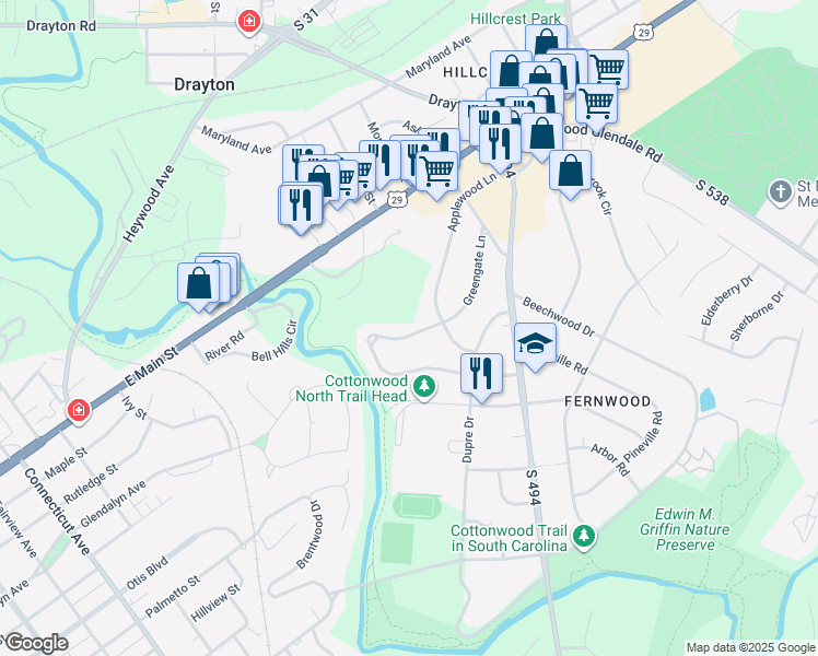map of restaurants, bars, coffee shops, grocery stores, and more near 213 Greengate Lane in Spartanburg