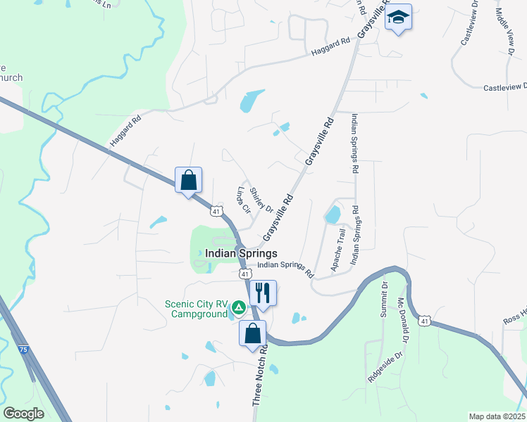 map of restaurants, bars, coffee shops, grocery stores, and more near 75 Shirley Drive in Ringgold