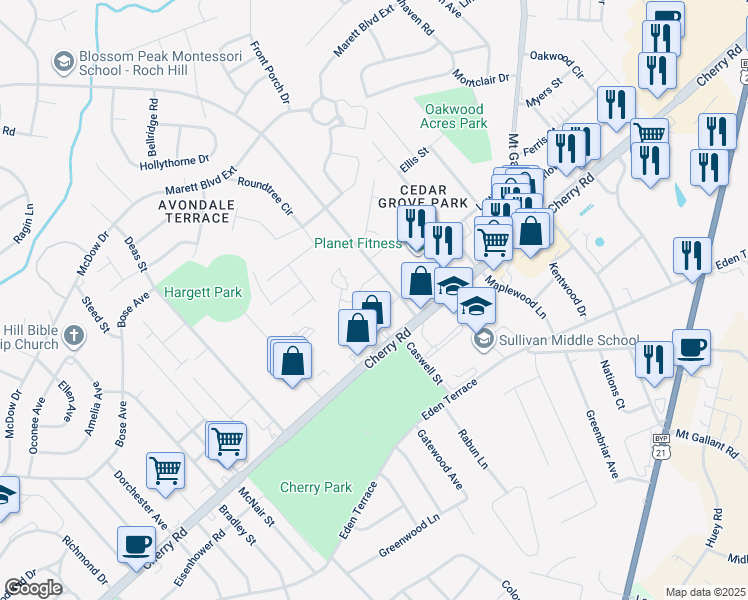 map of restaurants, bars, coffee shops, grocery stores, and more near 1060 Latham Court in Rock Hill