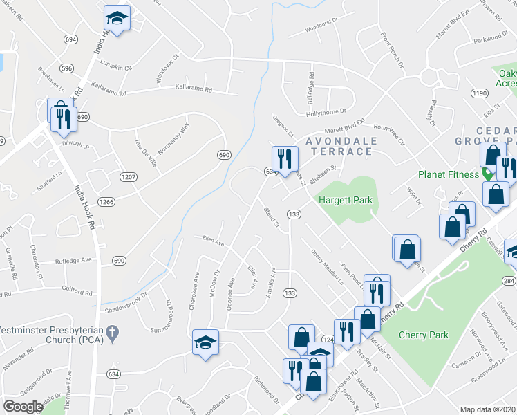 map of restaurants, bars, coffee shops, grocery stores, and more near 1364 Steed Street in Rock Hill