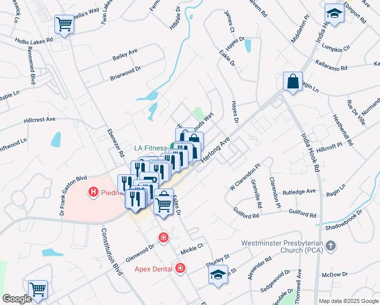 map of restaurants, bars, coffee shops, grocery stores, and more near 623 Hicklin Drive in Rock Hill