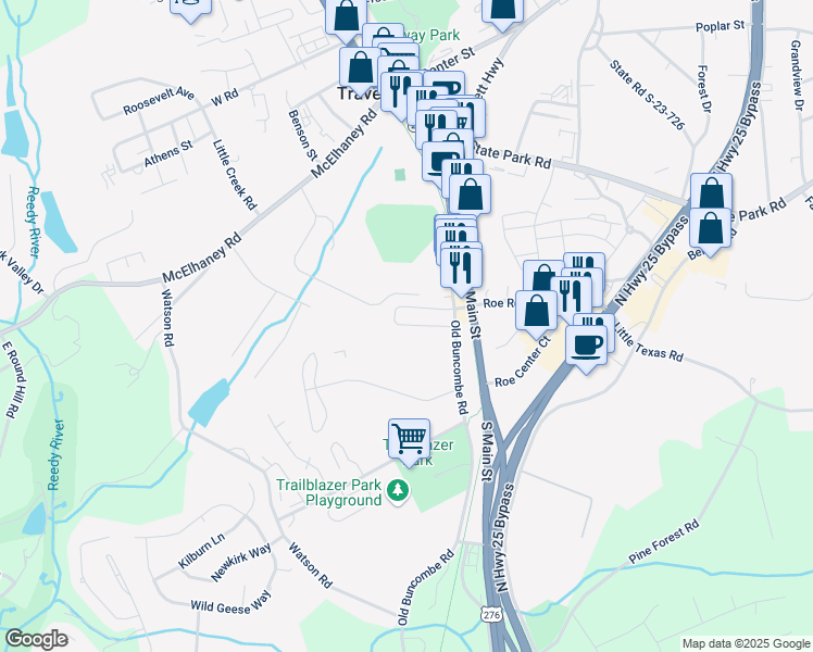 map of restaurants, bars, coffee shops, grocery stores, and more near 22 Village Circle in Travelers Rest