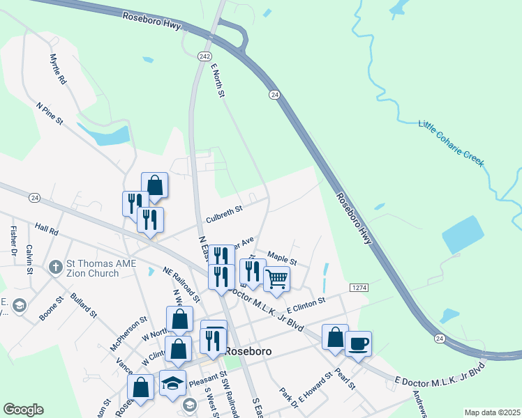 map of restaurants, bars, coffee shops, grocery stores, and more near 309 Culbreth Street in Roseboro