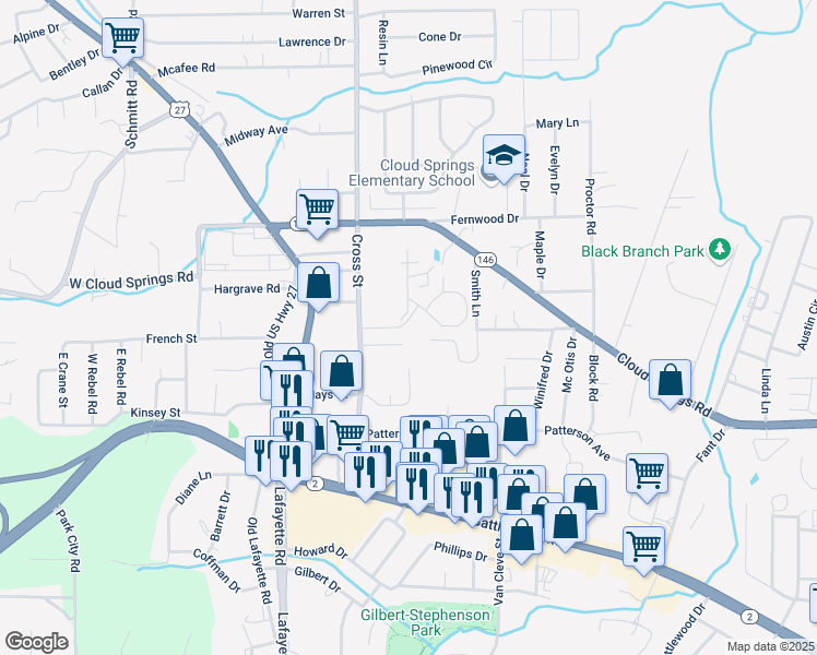 map of restaurants, bars, coffee shops, grocery stores, and more near 2197 Lafayette Road in Fort Oglethorpe