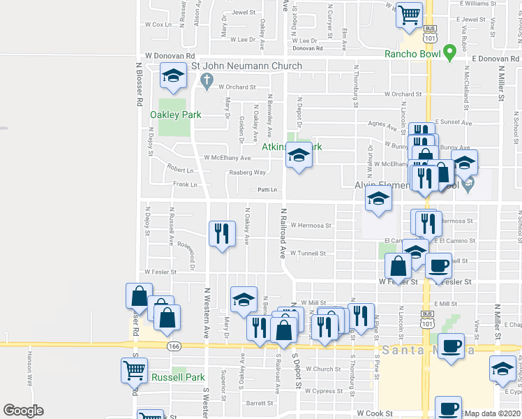 map of restaurants, bars, coffee shops, grocery stores, and more near 713 North Benwiley Avenue in Santa Maria