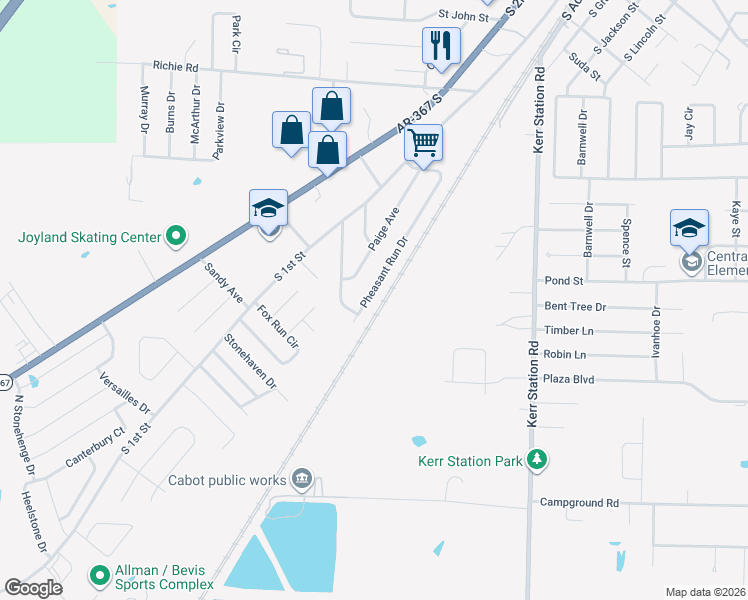 map of restaurants, bars, coffee shops, grocery stores, and more near 54 Pheasant Run Drive in Cabot