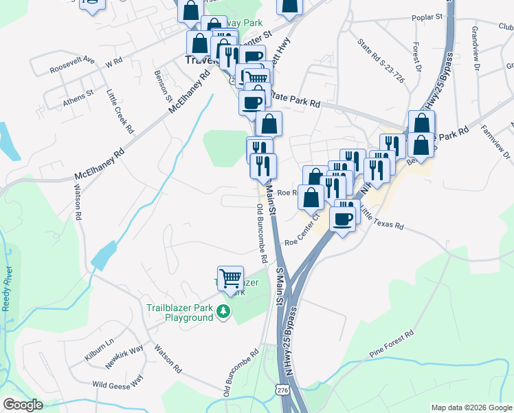 map of restaurants, bars, coffee shops, grocery stores, and more near 405 Old Buncombe Road in Travelers Rest