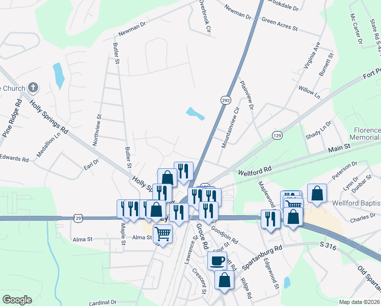 map of restaurants, bars, coffee shops, grocery stores, and more near 301 Inman Road in Lyman