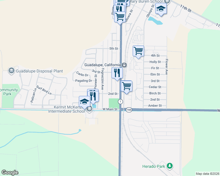 map of restaurants, bars, coffee shops, grocery stores, and more near 227 Campodonico Avenue in Guadalupe